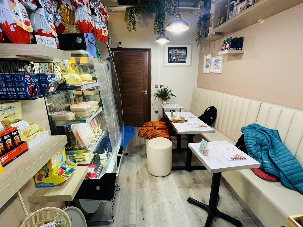 The café interior looking toward the banquette seating area