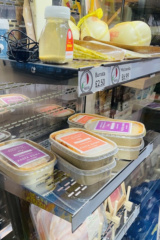 Burrata and fresh cheeses in the chilled cabinet